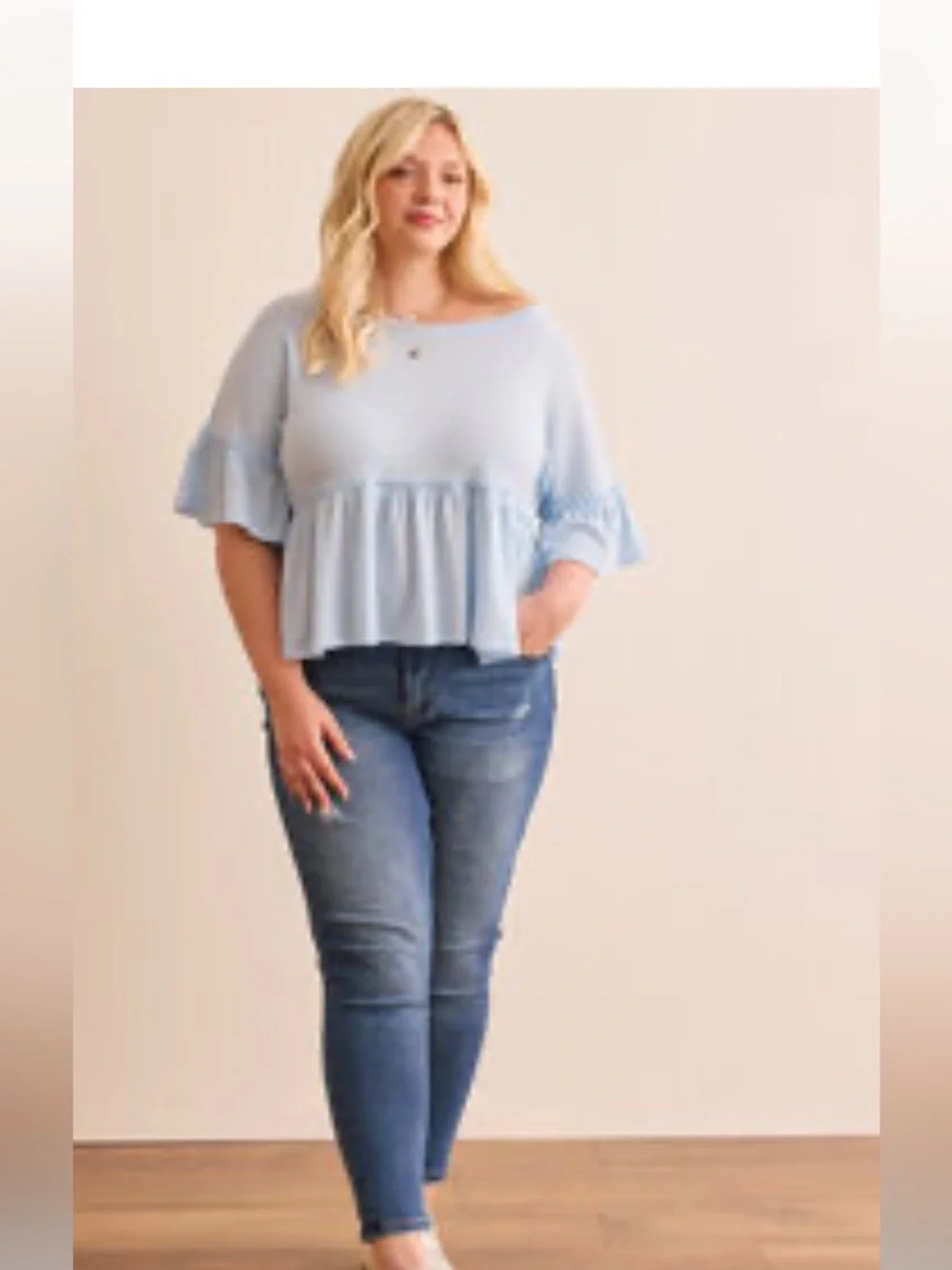 Arula Fine Wale Waffle Knit Baby Blue Flounce Top NWT 1X